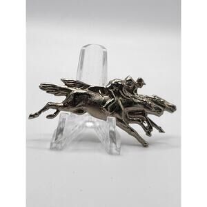 Vintage Horse Racing Jockey Figural Brooch Silver Tone Racing Pin